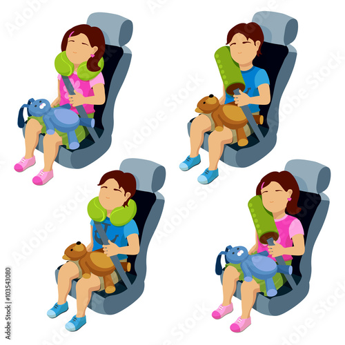 Little boy and girl are in the car seats with safety belts and travel pillows. Toddlers are in transportation seats with neck pillows. Illustration about safe travel of children.