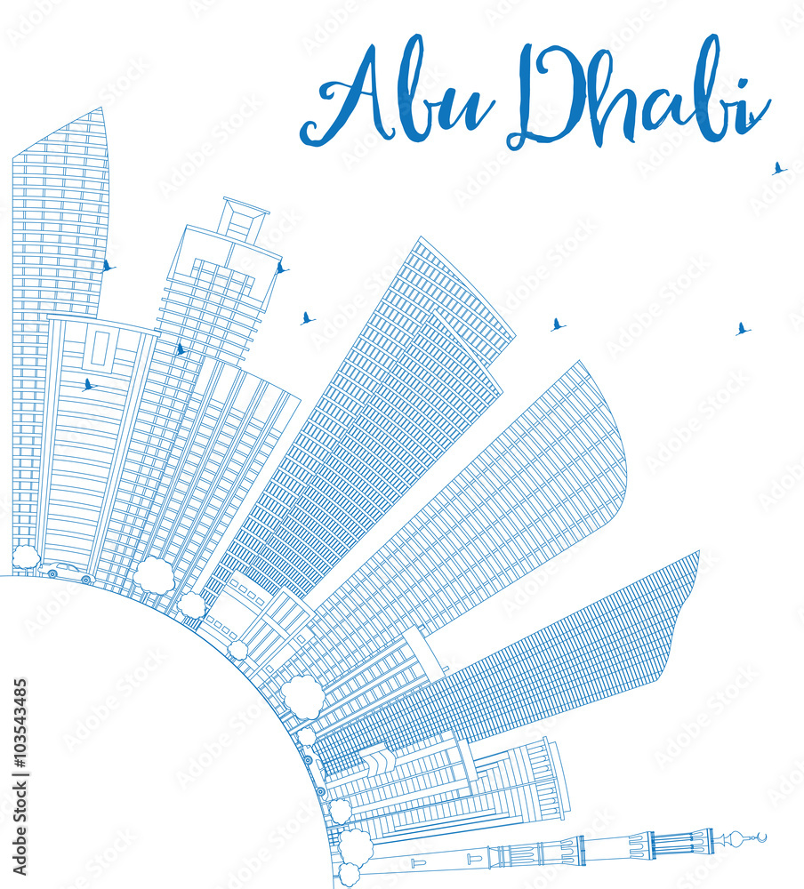 Outline Abu Dhabi City Skyline with Blue Buildings and Copy Space