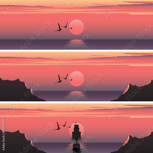 Set horizontal banners of sunset over the sea. Sunset over the sea. Ship at sunset. Ship at sunrise. Sea banners advertising.