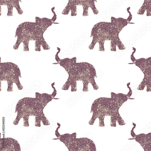 Seamless pattern with nice abstract elephants of glitter. Their trunks raised up - good luck symbol