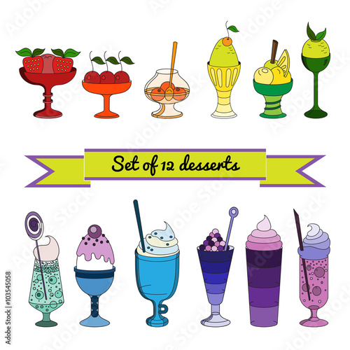 Set of color icons of sweet cocktails, desserts, ice cream.