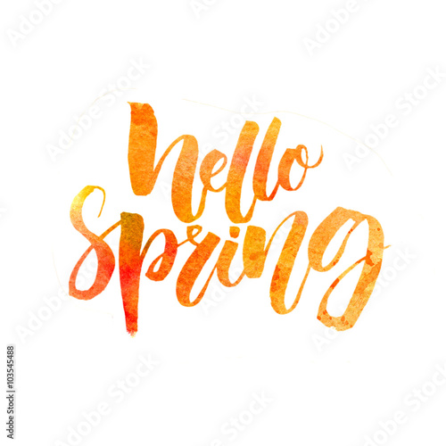 Hello spring text. Handwritten brush lettering with watercolor texture isolated on white background