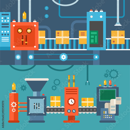 Conveyor System with Manipulators. Flat Style Vector Illustration