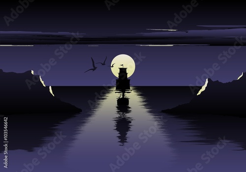 Vector illustration of moon over the sea and ship. beautiful night at the sea. the ship embarks on a journey. Sea birds. Night sea logo.