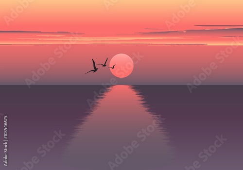 Vector horizontal illustration of sunset over the sea and ship. beautiful sunrise at the sea. the ship embarks on a journey. Sea birds. © michaelrayback