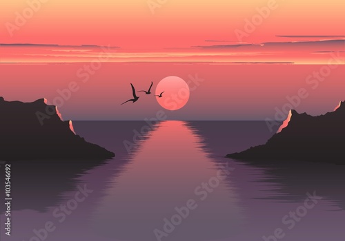 Vector horizontal illustration of sunset over the sea and ship. beautiful sunrise at the sea. the ship embarks on a journey. Sea birds.