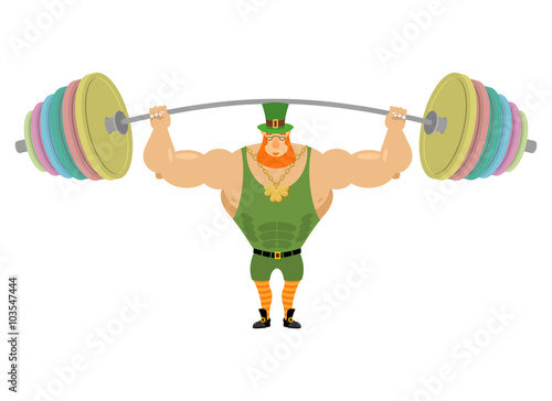 Leprechaun and barbell sports. Bench press barbell above his hea