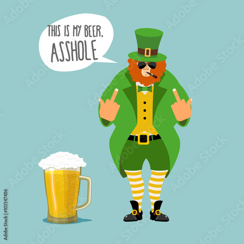 Angry leprechaun with beard. Bad leprechaun shows fuck. It's my