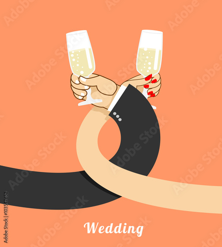 Wedding. bride and groom drink champagne on  brotherhood. hand o