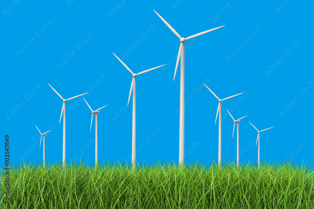 3d rendered wind turbines in grass field 3d rendered wind turbines in grass field