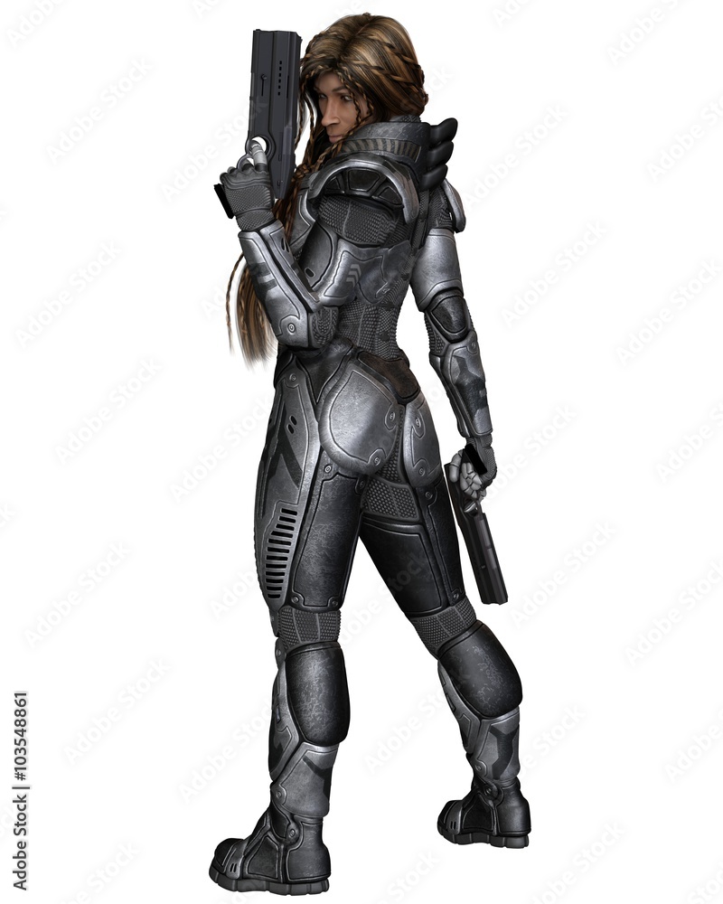 Future Soldier, Black Female, Back View - science fiction illustration