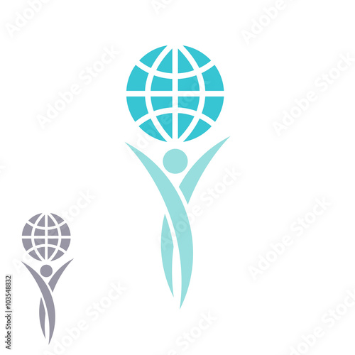 Globe logo man hands up planet together, achievement success creative idea, save Earth emblem