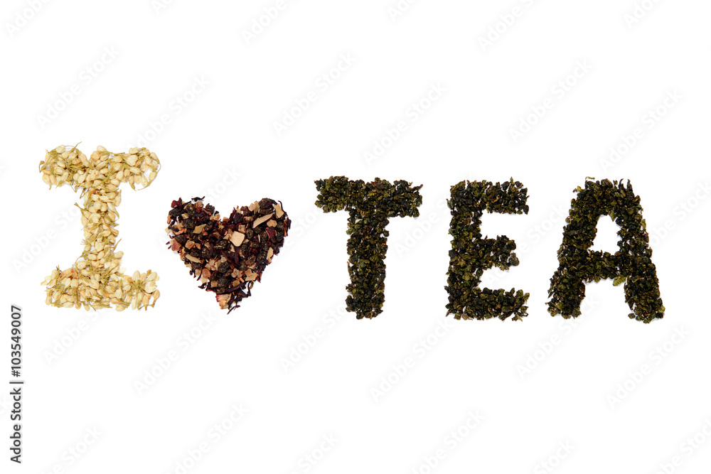 The inscription is made from tea leaves on white background The inscription is made from tea leaves on white background