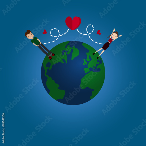 Vector Flat Design Long Distance Relationship Illustration with the Earth Globe, a Couple in Love and Red Hearts