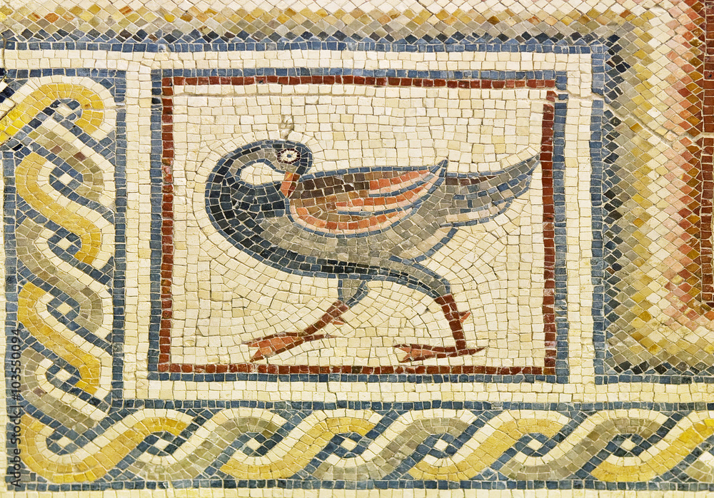 Jordan. Mount Nebo - Khirbet al Mukhayyat. Fragment of floor mosaic from the Church of Preacher John - bird detail