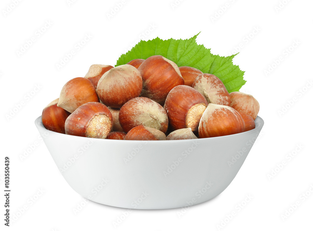 Obraz premium hazelnuts in porcelain bowl isolated on white background