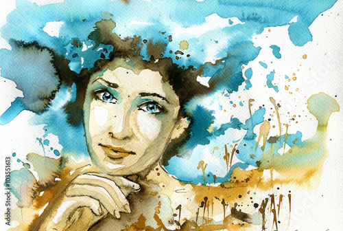 Abstract watercolor illustration depicting a portrait of a woman