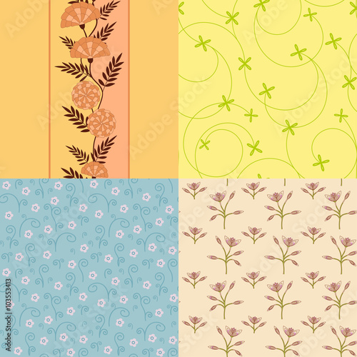 Pretty flowers seamless patterns set. Vector color backgrounds. Floral textures