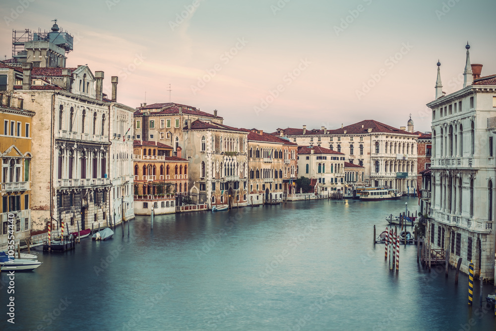 Typical old houses along Grand Channel (Canal Grande) at morning, Venice (Venezia), Italy, Europe, vintage filtered style
