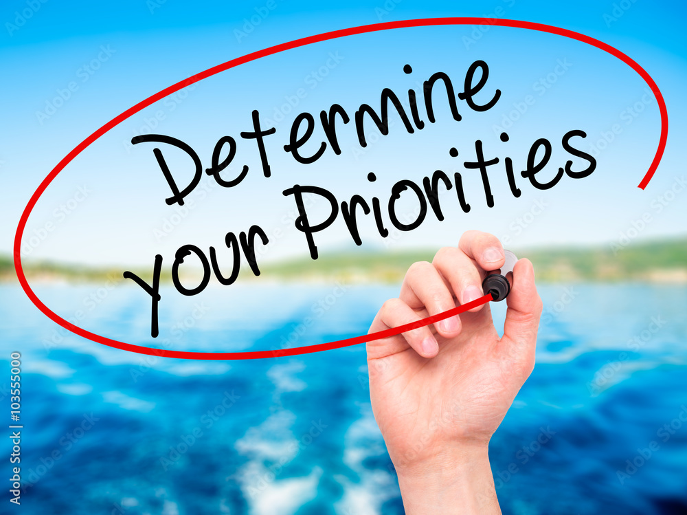 Man Hand writing Determine your Priorities with black marker on Man Hand writing Determine your Priorities with black marker on