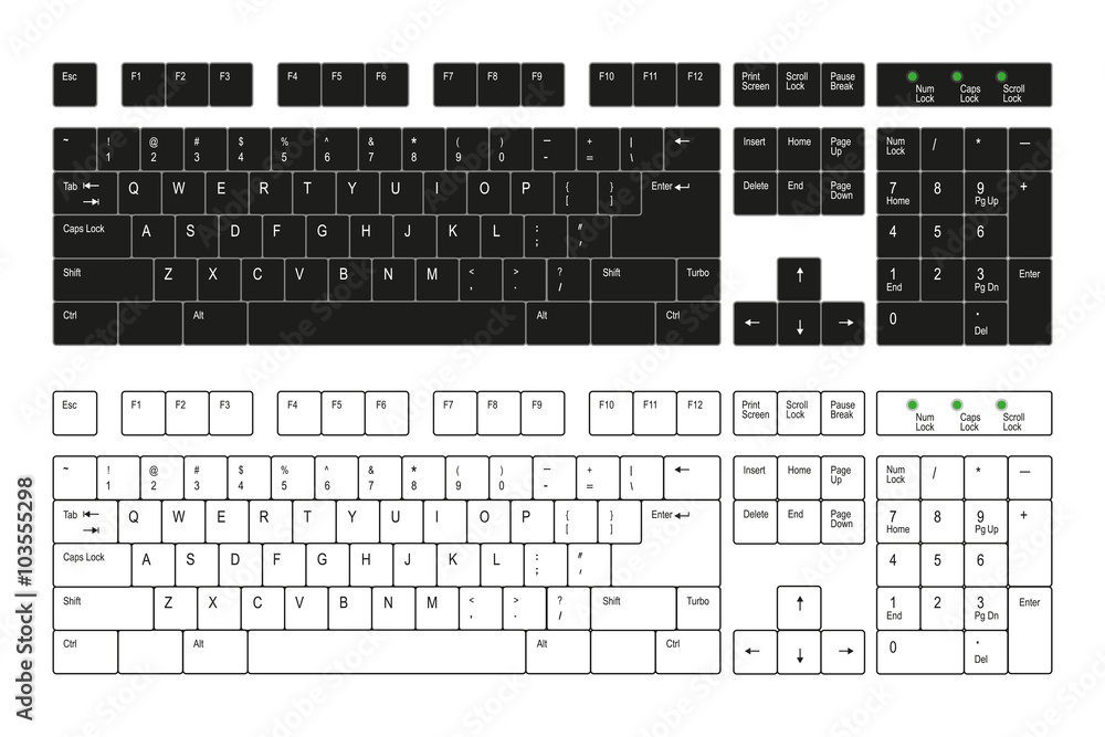 Computer keyboard white and black on a white background Computer keyboard white and black on a white background