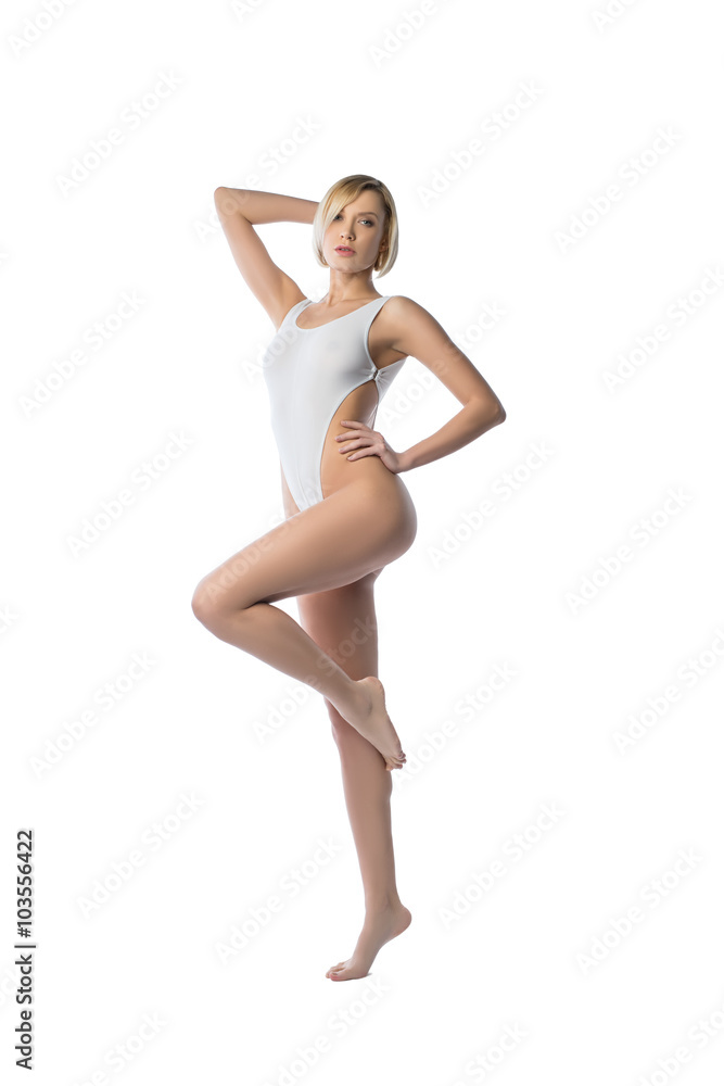 Model with bob haircut advertises sexy bodysuit