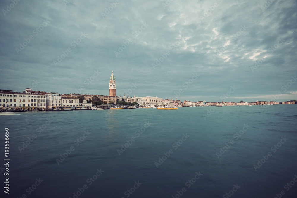 view of Venice waterfront, Piazza San Marco and The Doge's Palace, Venice, Italy, Europe, Vintage filtered style
