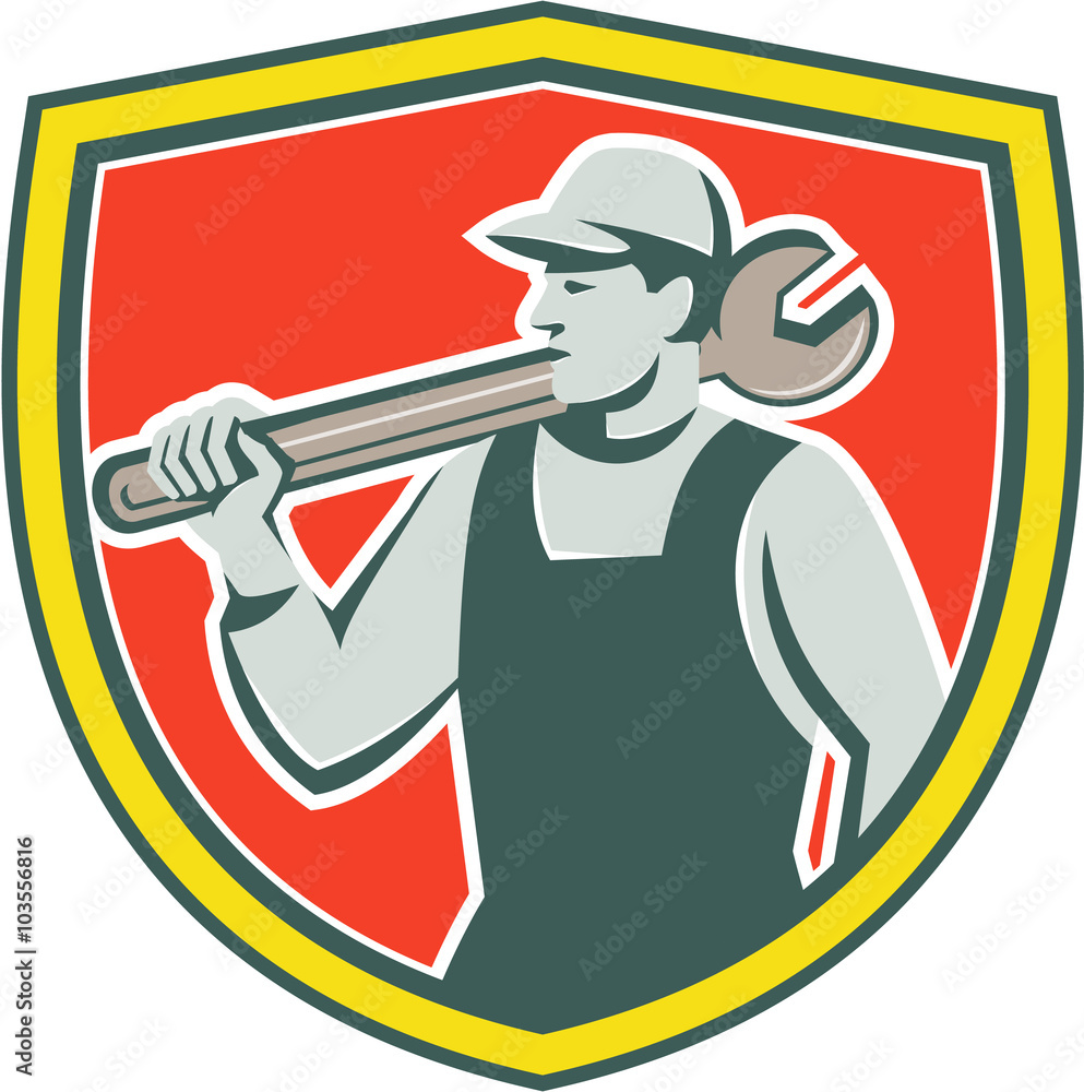 Mechanic Worker Holding Spanner Shield Retro Mechanic Worker Holding Spanner Shield Retro