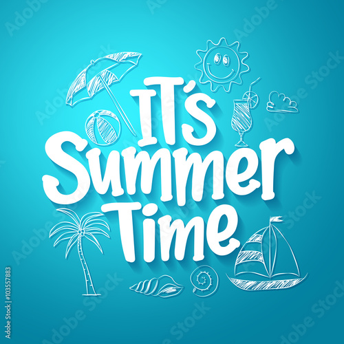 Summer Time Text Title with Hand Drawing Vector Elements and Decoration of Summer Items in Blue Background. Vector Illustration
