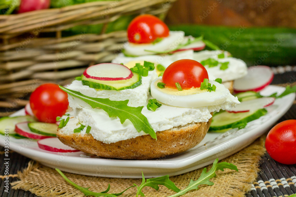spring sandwich with curd cheese and chives.Shallow depth of fie