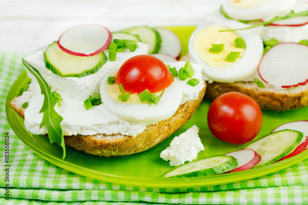 spring sandwich with curd cheese and chives.Shallow depth of fie spring sandwich with curd cheese and chives.Shallow depth of fie