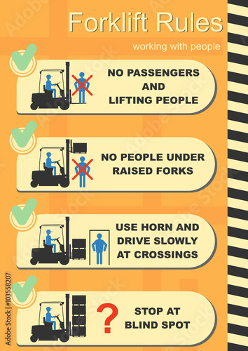 Forklift safety rules. Easy to edit vector infographics.
