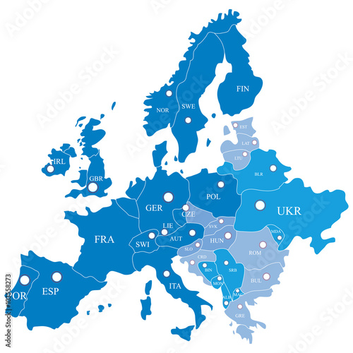 European map with regions on a white background
