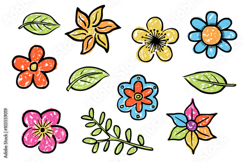 Set: Farbige Blumenblüten / Kreidezeichnung, Vektor, freigestellt