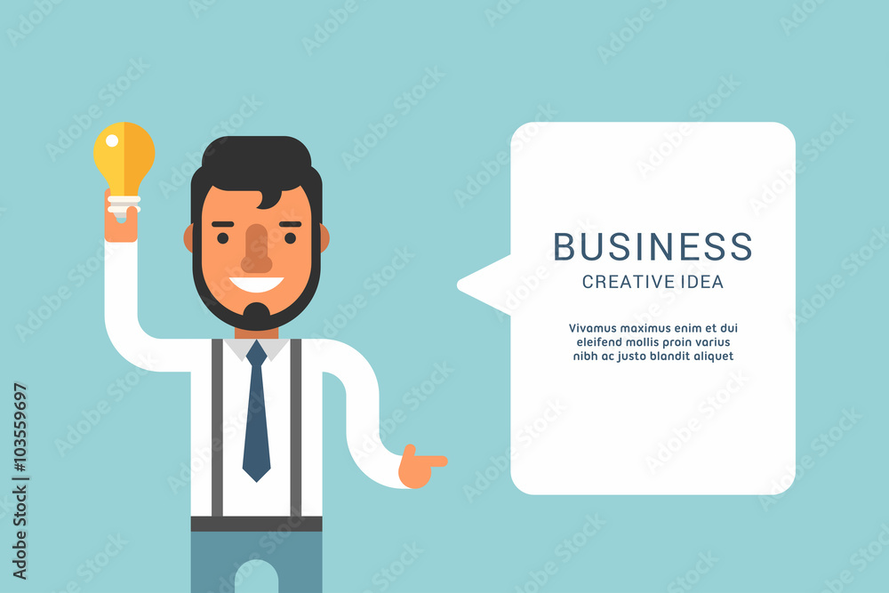 Business Concepts with Businessman Cartoon Character. Businessman with Speech Bubble. Creative Idea. Vector Illustration in Flat Design Style Business Concepts with Businessman Cartoon Character. Businessman with Speech Bubble. Creative Idea. Vector Illustration in Flat Design Style