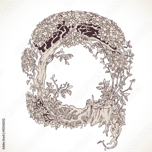Magic forest hand drawn from trees by a vintage font - Q