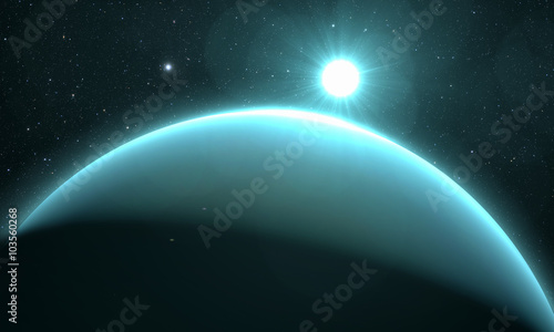 planet Uranus with sunrise on the space background 