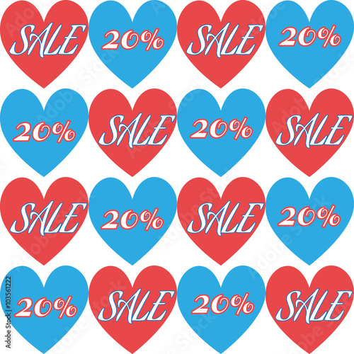 Happy Valentine's Day Sale Banner. Blue and Red Hearts Tiles with White Promotional Text. Sale Message. Digital background vector twenty percentage discount banner.