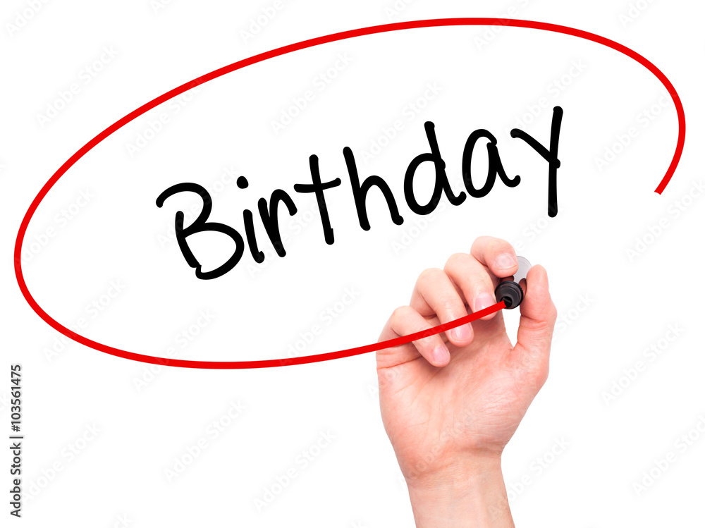 Man Hand writing Birthday with black marker on visual screen Man Hand writing Birthday with black marker on visual screen