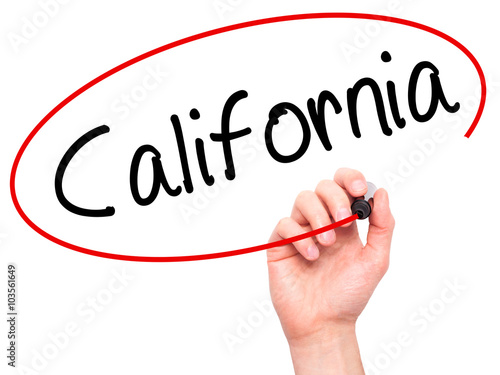 Man Hand writing California with black marker on visual screen