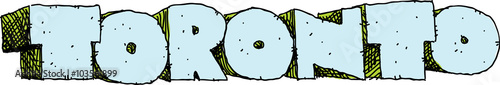 Blocky, cartoon text of the name of the city of Toronto, Ontario, Canada.