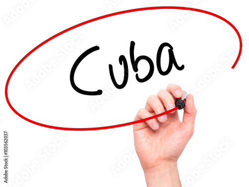 Man Hand writing Cuba with black marker on visual screen photo