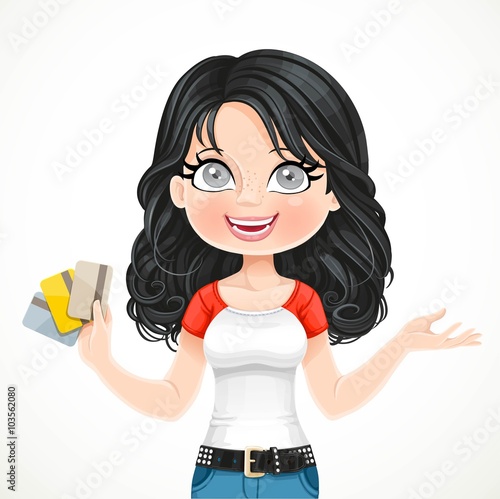 Beautiful brunette girl with a credit cards in hand isolated on