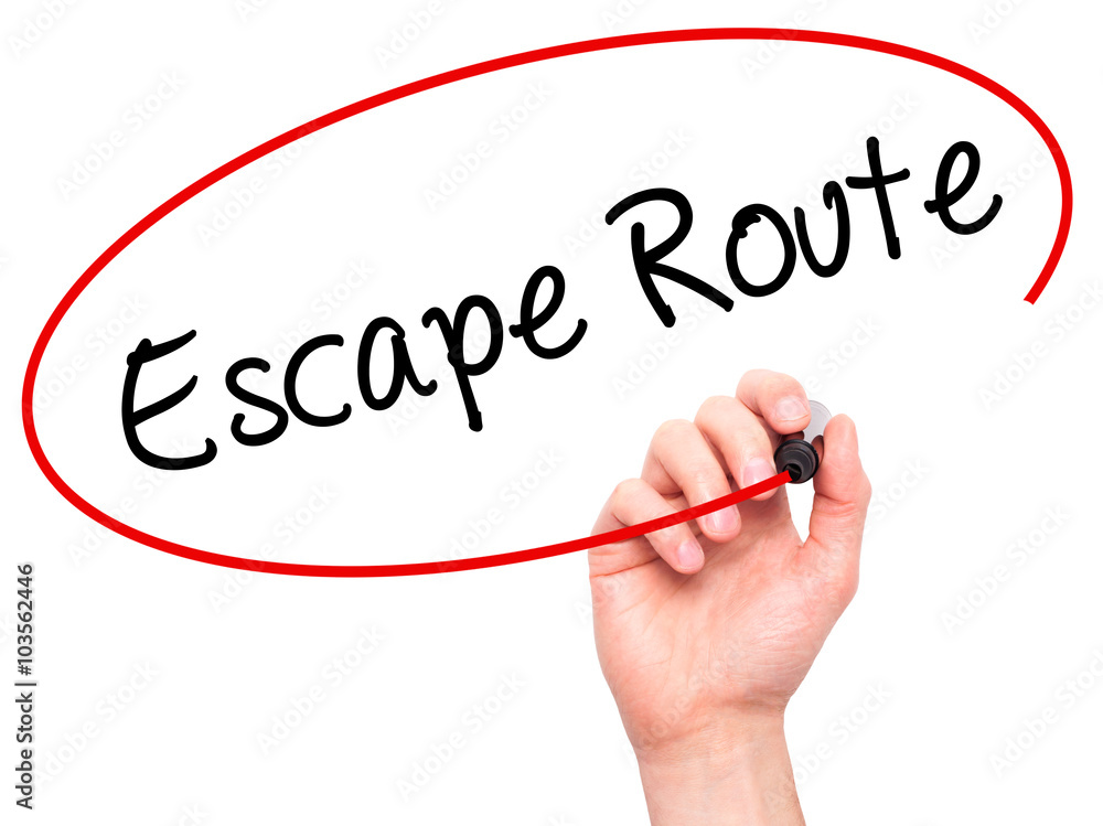 Man Hand writing Escape Route with black marker on visual screen Man Hand writing Escape Route with black marker on visual screen