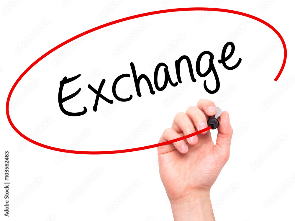 Man Hand writing Exchange with black marker on visual screen Man Hand writing Exchange with black marker on visual screen