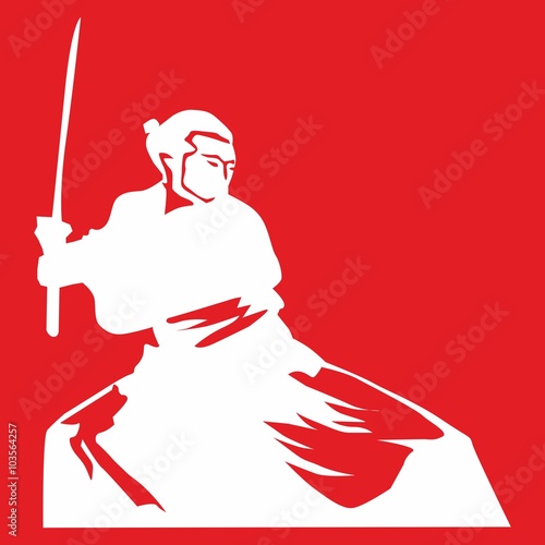 Векторное изображение самурая с мечом на красном фоне (Vector image of a samurai with a sword on a red background)