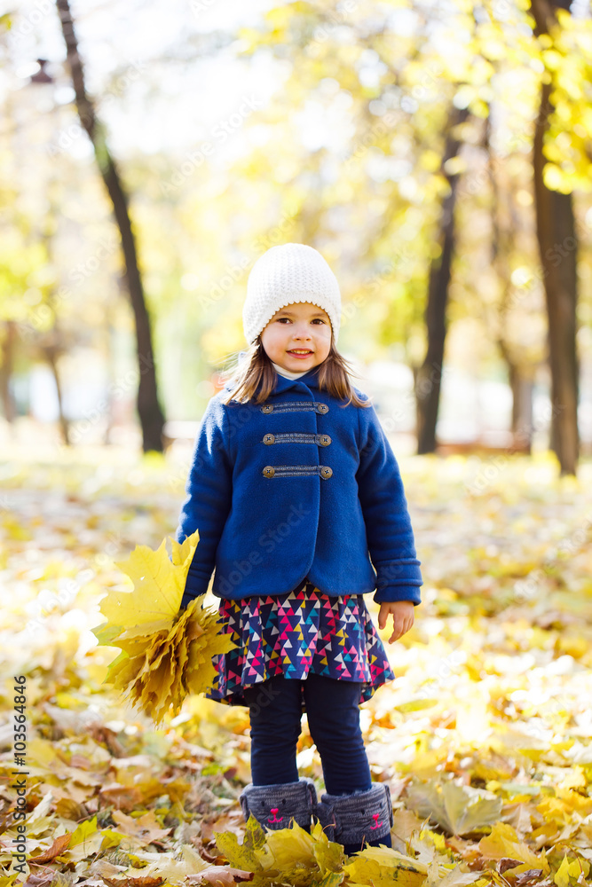 little girl keeps leafs in hand in park in the autumn little girl keeps leafs in hand in park in the autumn