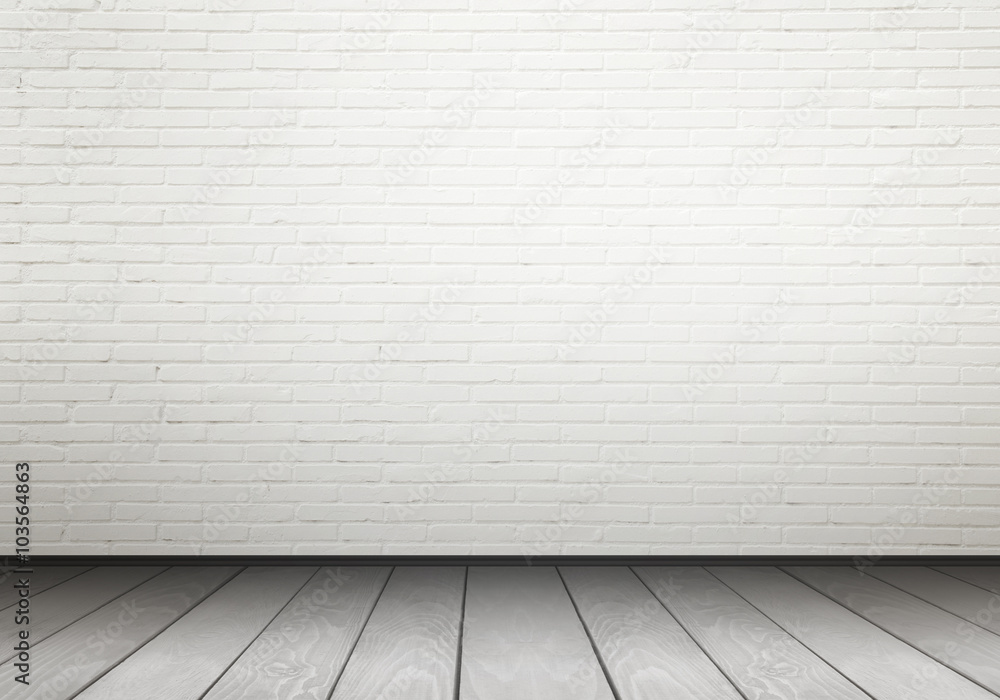 Fototapeta premium Empty interior for design, poster or text on free space. White brick wall and wooden floor.