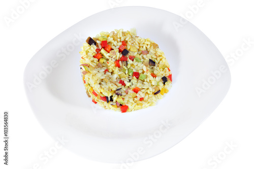 Fried rice with vegetables on platter isolated on white backgrou