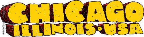 Thick, heavy cartoon text of the name of the city of Chicago, Illinois, USA.